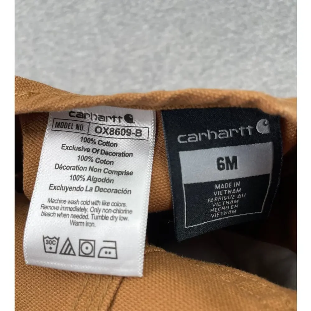 Carhartt Baby Canvas Bib Overalls 6M Brown 100% Cotton Leg Snaps Pocket Patch